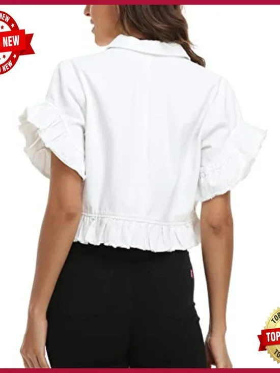 Cropped Denim Jacket with Ruffle Sleeves, Distressed Hem, Fitted Fit - Picture 6 of 7